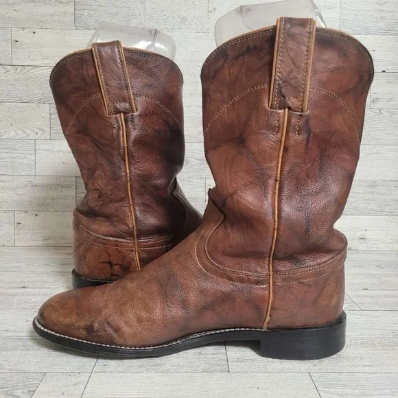 Women’s Justin Brown Marbled Leather Western Rodeo Roper Boots Size 7.5 B - Picture 7 of 9